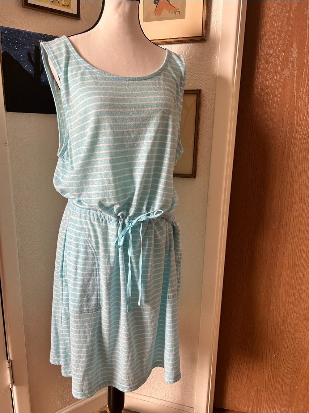 NWT Talbots Light Blue & White Striped Sleeveless Drawstring Dress